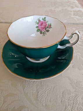 Adderley Emerald Green Teacup & Saucer with Pink Rose Accent